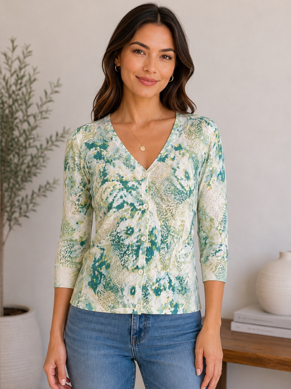 Talbots 3/4 Sleeve Button Up Cardigan Sz Petite/Small - Blue/Green/Cream